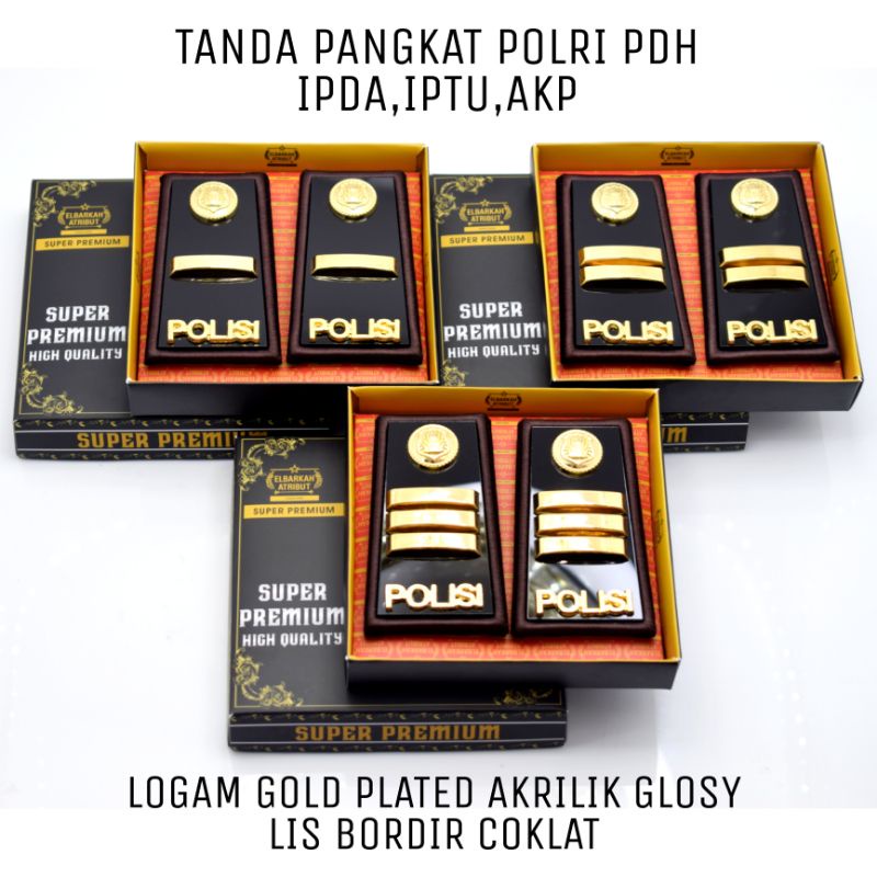 PANGKAT PERWIRA PERTAMA IPDA IPTU AKP LIS MERAH/COKLAT BORDIR AKRILIK GLOSY GOLD PLATED POLISI/POLRI