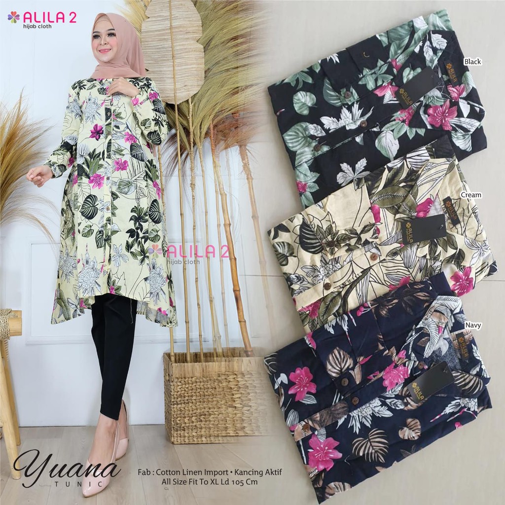 Fashion wanita atasan muslim Yuana Tunik motif flower  kancing ori ALILA office style casual