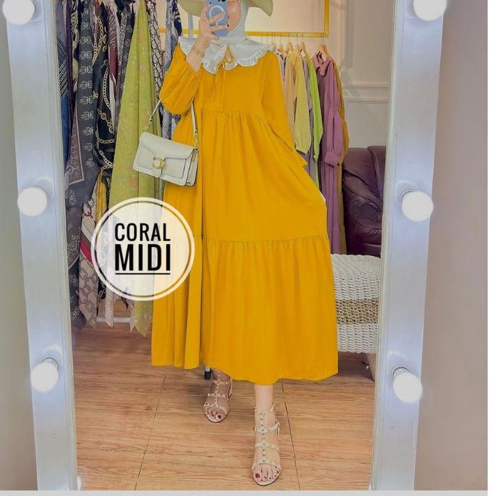 Terbaru - DIORA MIDI DRESS LONG TUNIK RAYON POLOS NURRYN BASIC MIDI DRESS KERAH FULL MIDI FUSHIA WAR
