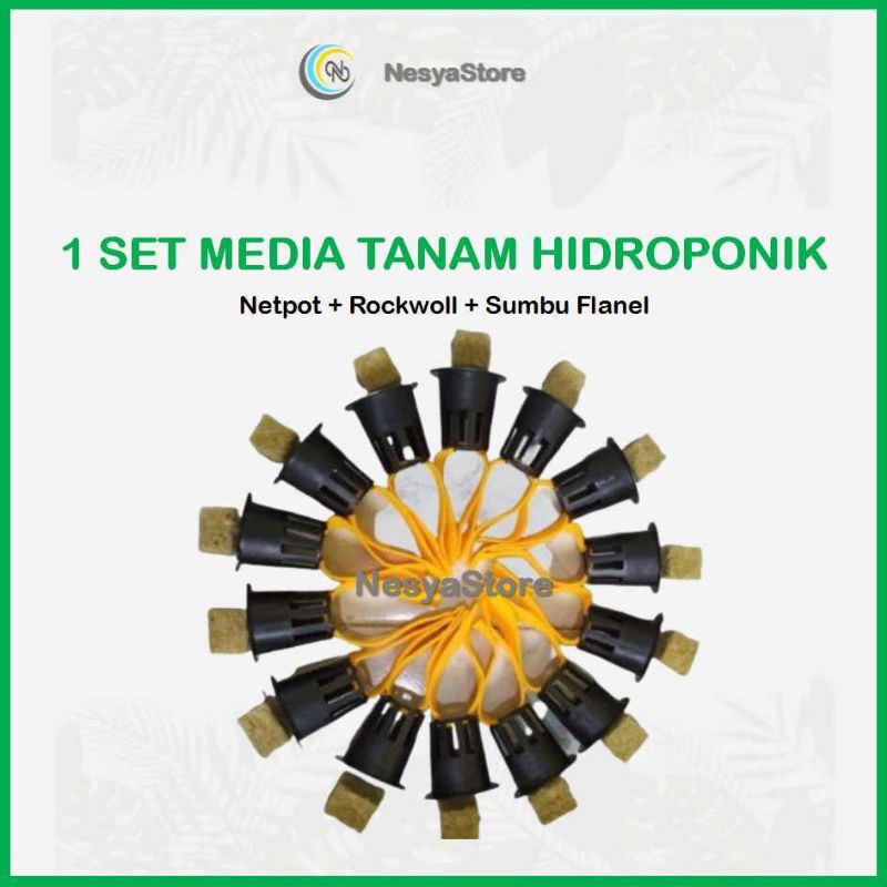 1 Set Media Tanam Hidroponik Terdiri Dari Netpot,Sumbu Flanel,Rockwoll