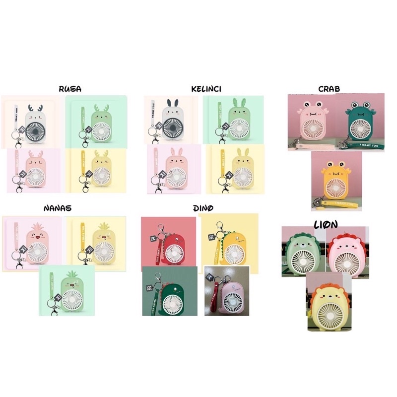 Kipas angin portable rechargeable karakter key chain gantungan tas dino kelinci rusa lion KP01