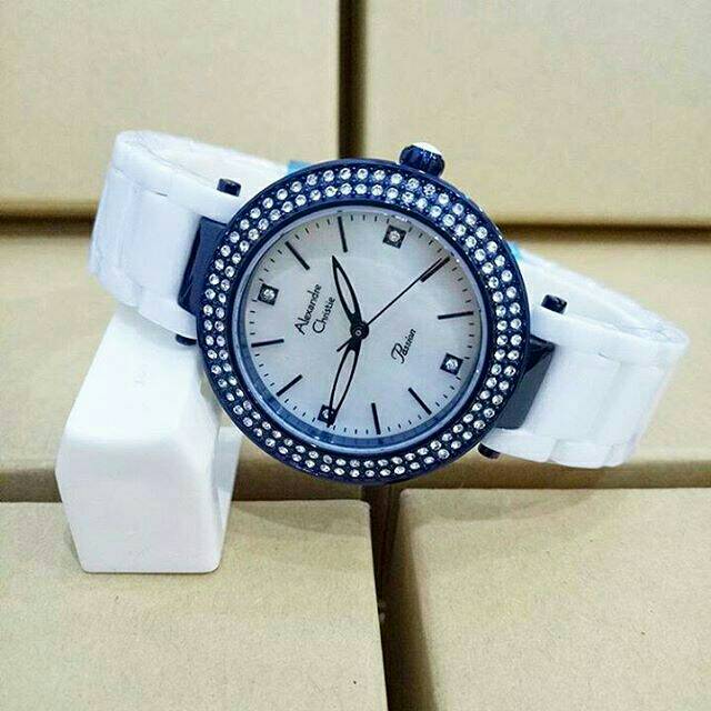 Jam Tangan Alexandre Christie Wanita cewek keramik AC 2323 LH putih biru blue