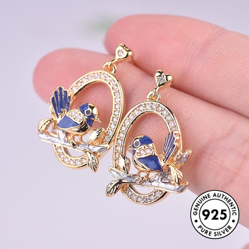 Anting Tusuk Motif Burung Bahan Sterling Silver 925 Warna Emas Untuk Wanita