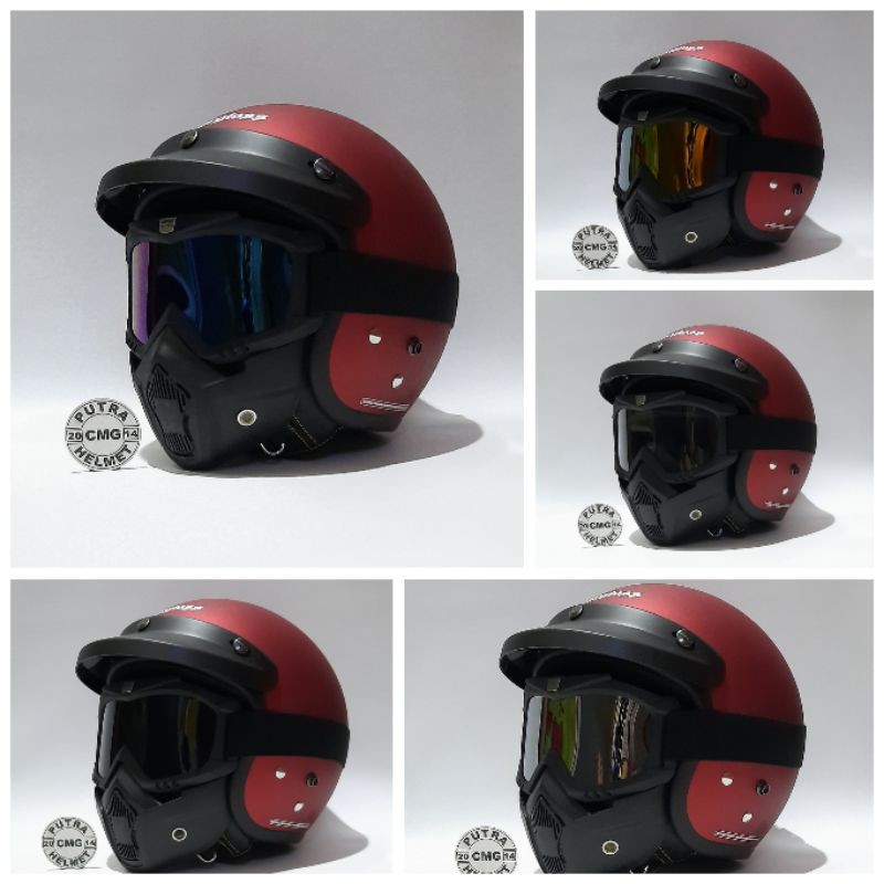 PAKET HELM CARGLOSS ORIGINAL CFM RETRO RED GOOGLE MASK MAROON DOFF MERAH MARUN DOF