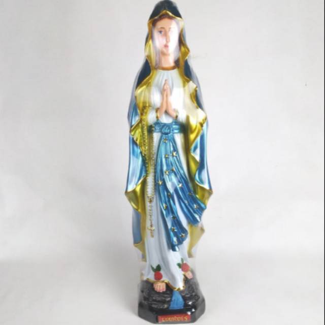 Patung Bunda Maria Lourdes 60 cm Color Biru Gold Arca Fiber Rohani Gua Ruang Doa Rosario Devosi