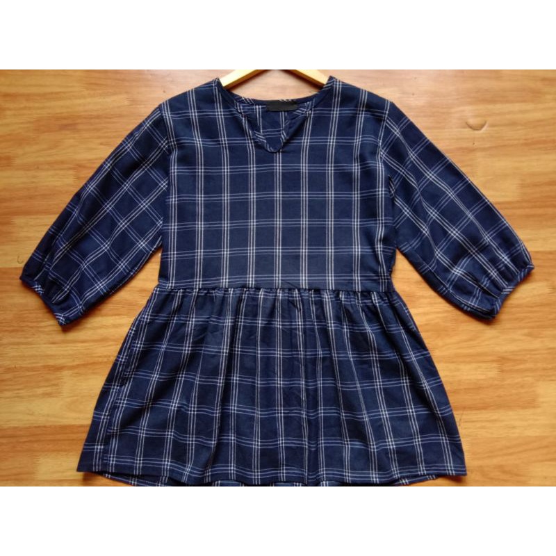 [COD] THRIFT/PL TUNIK FLANEL NAVY LENGAN 7/8 | BLOUSE KOTAK-KOTA | KOREAN DRESS KOTAK-KOTAK LENGAN P