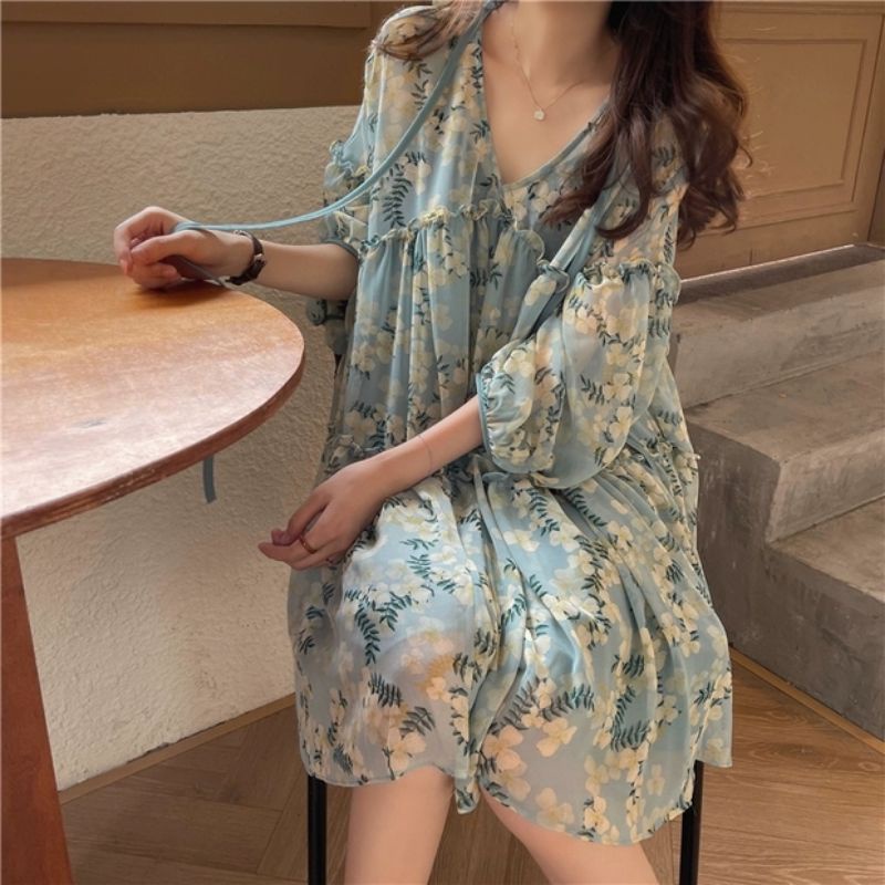 MDLV ~ 6960# Carlotta Loose Mini Dress Babydoll Dress Bigsize Blue Flower Fashion Import