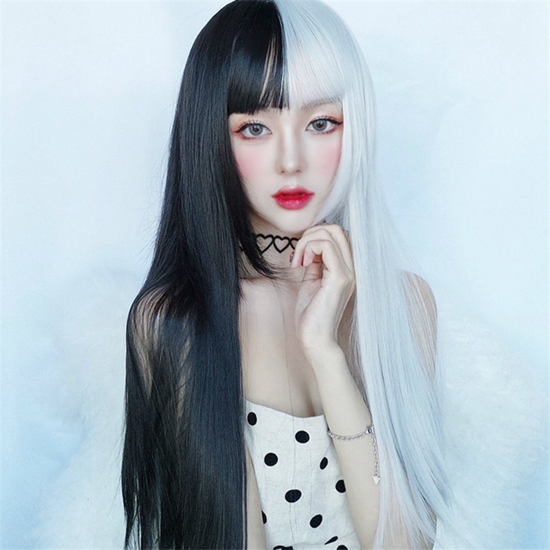 Wig Daily Lolita Wig Rambut Cosplay Anime Halloween Pria Dan Rambut Wanita Panjang Lurus Hitam Putih