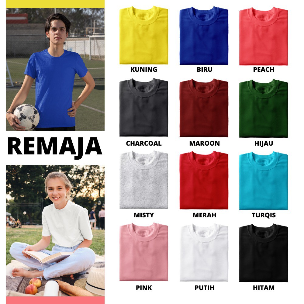 Aitana - Baju Kaos Polos Pendek Remaja 9 -14 Tahun Bahan Katun Combed 30s