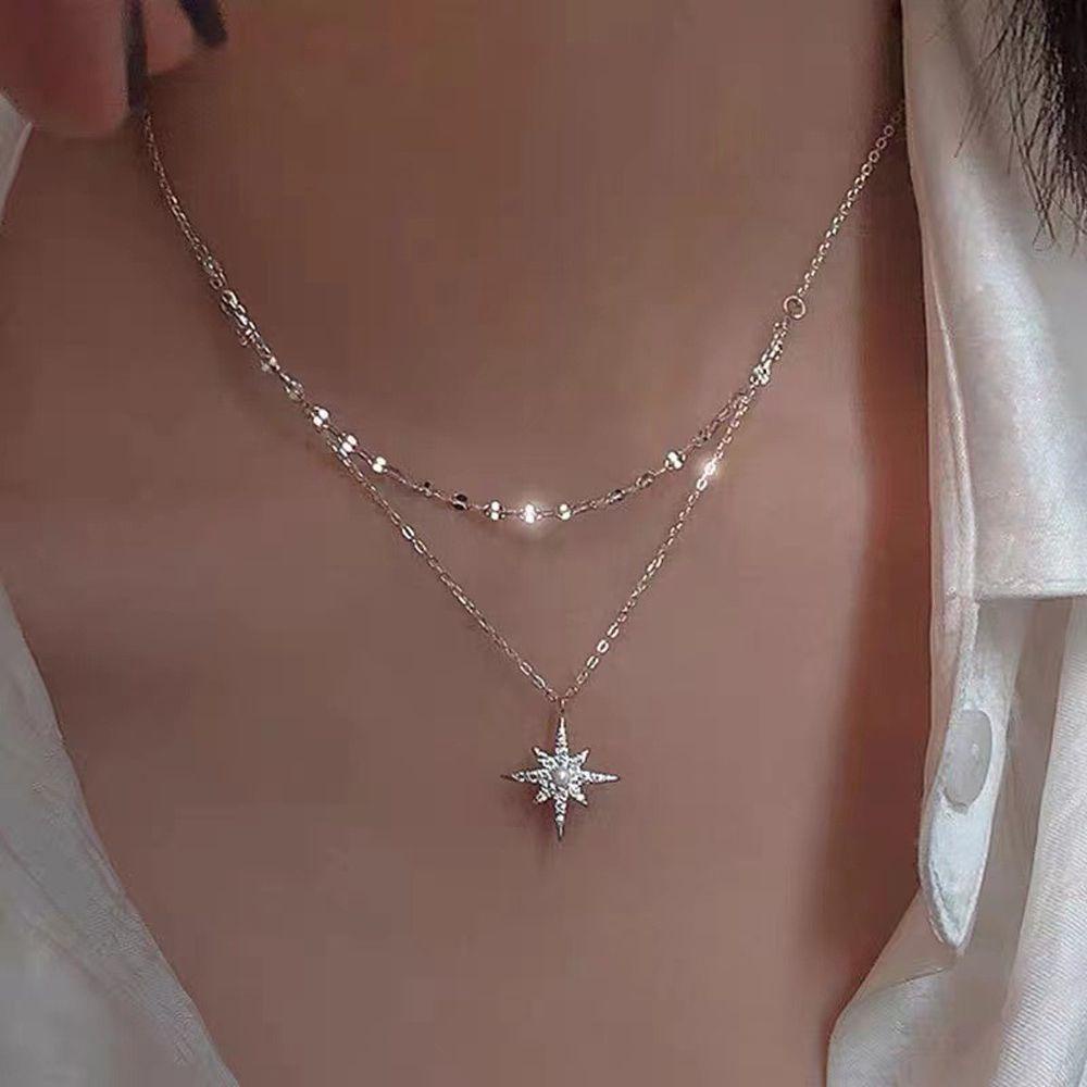 [Elegan] Kalung Rantai Korea Untuk Anak Perempuan Vintage Liontin Bulan Double Layer Kristal Leher Perhiasan