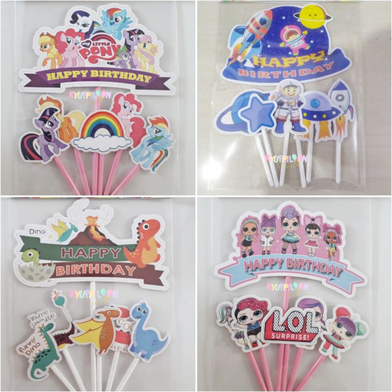 Topper Cake Happy Birthday Karakter / Hiasan Kue Ulang Tahun Ultah Termurah Dino LOL Kuda Poni