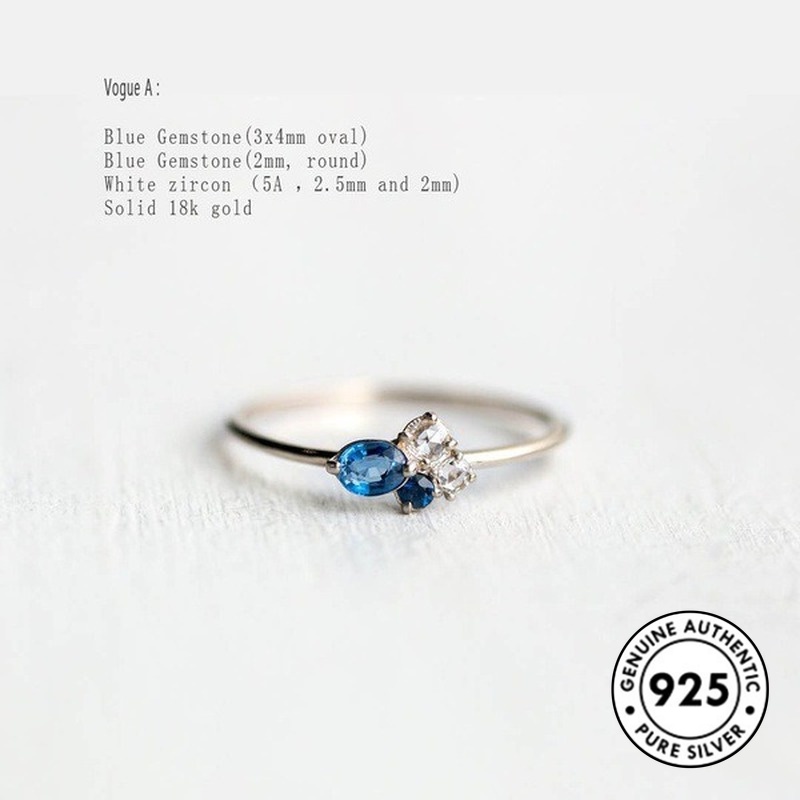 Set Cincin S925 Silver 18k Hias Batu Permata Biru Laut