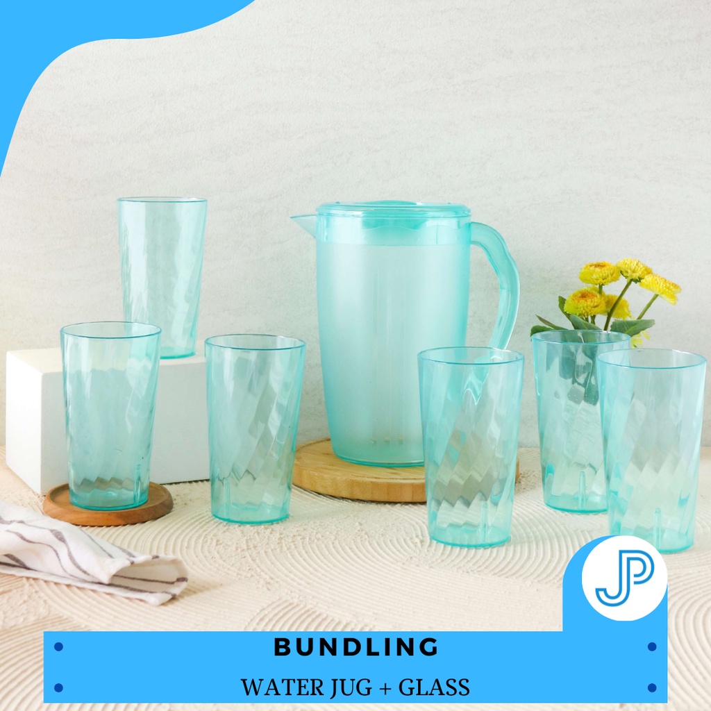 Teko Air Set Lengkap Dengan Gelas 6in1/Teko Air + Gelas Set Plastik Bening Kristal/Water Jug Complet