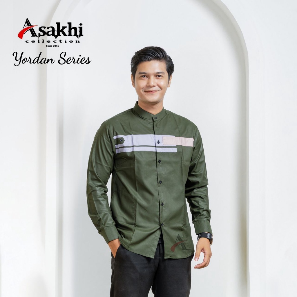 Asakhi Baju Koko Pria Lengan Panjang Motif Yordan Series Koko Muslim Hadroh Azzahir Warna Putih Crem