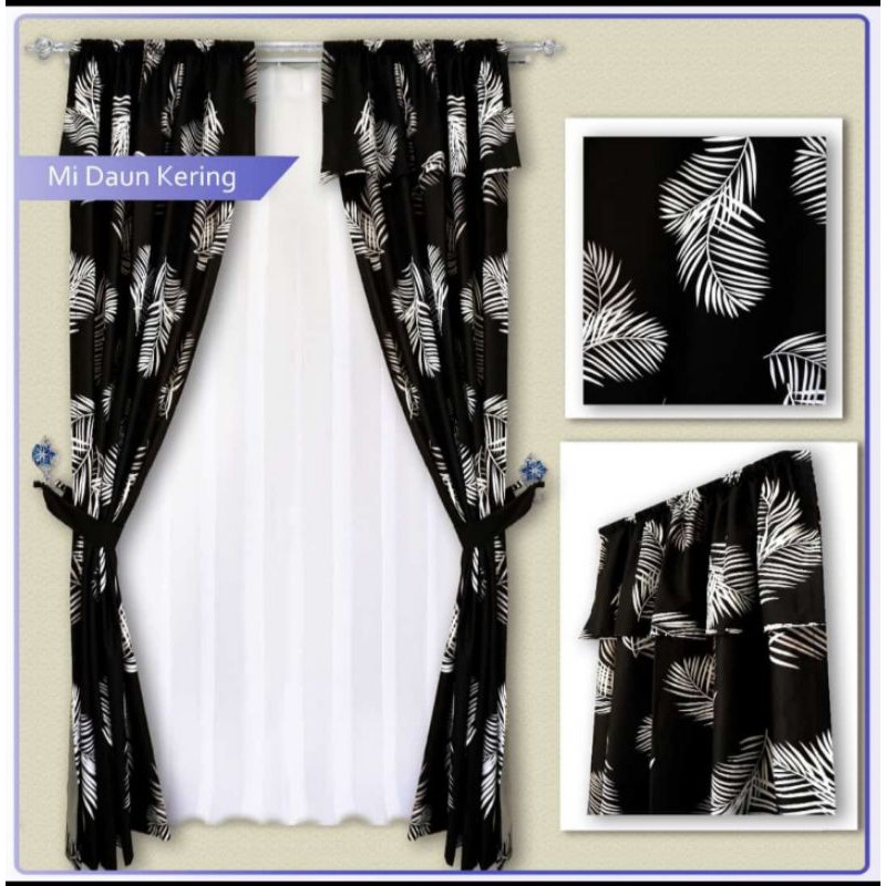 Gorden aesthetic bahan Katun Serut motif daun palem hitam putih