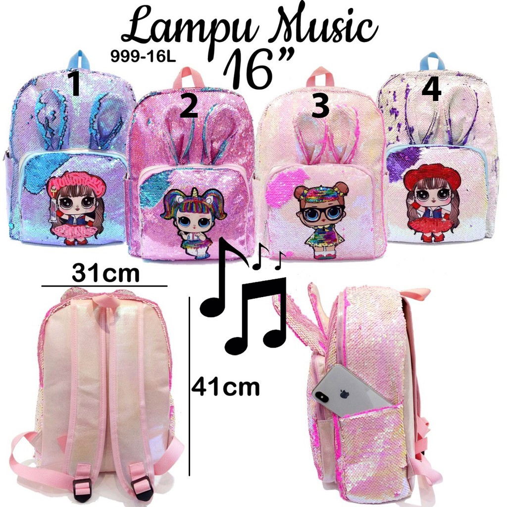 TERMURAH 7.7 CUCI GUDANG TAS LED + Music Ransel Sequin USAP Anak SD (16Inch) Model Kuping Kelinci IMPORT