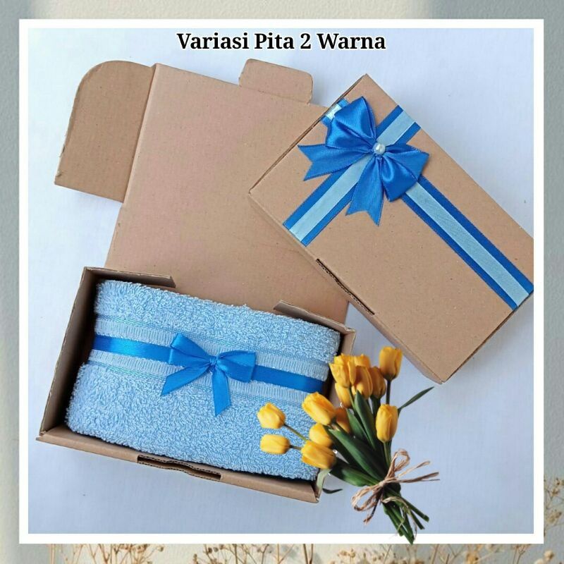 Handuk Souvenir + Packaging Box + Pita 30x70cm / Wedding/ Ultah / Aqiqah/ Hampers/ Handuk Muka