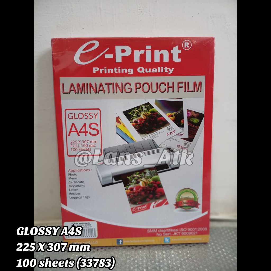 

Laminating Pouch Film E-PRINT Glossy A4S 225x307mm 100mic 100lbr