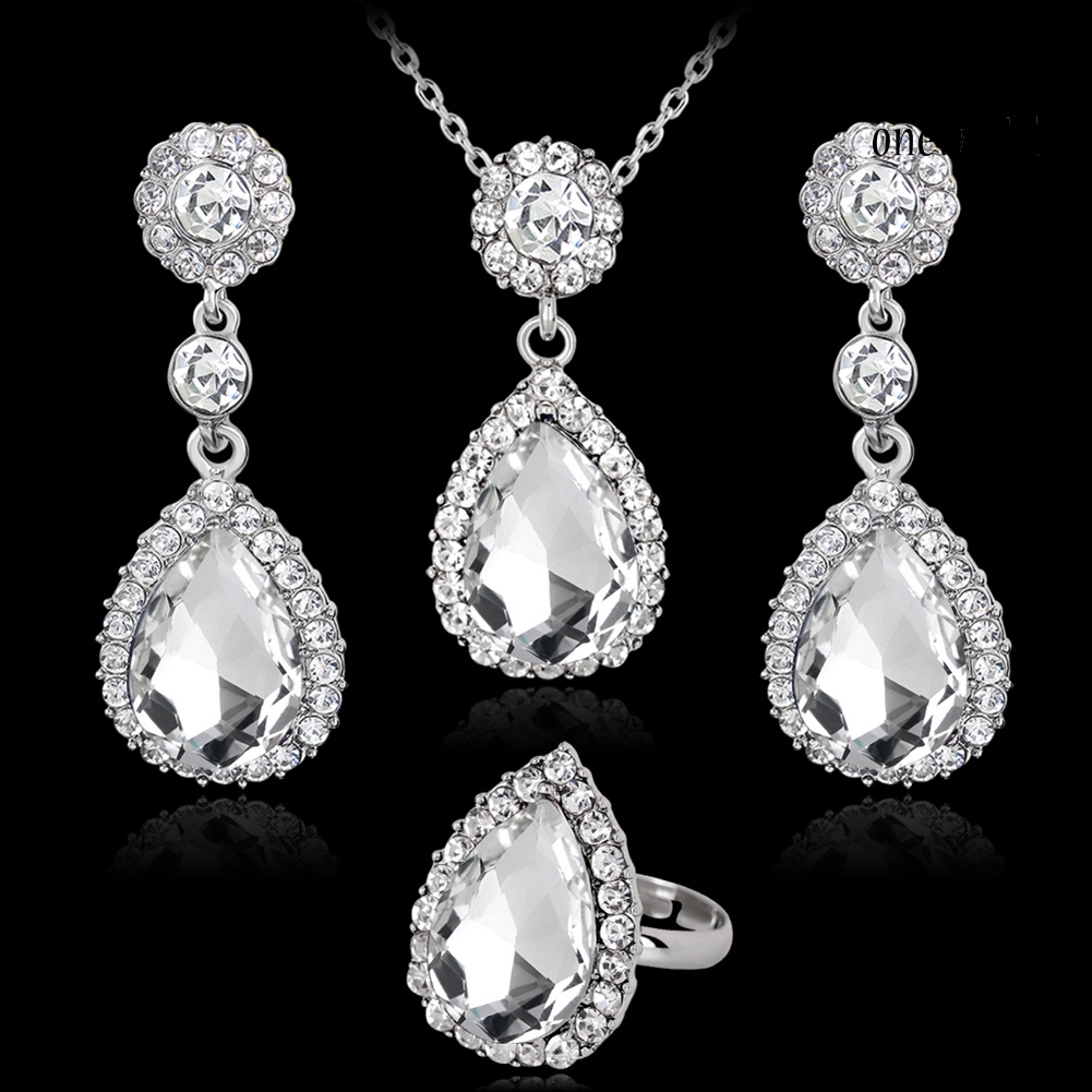 OW@ Women Fashion Rhinestones Inlaid Waterdrop Necklace Ring Earrings Jewelry Set