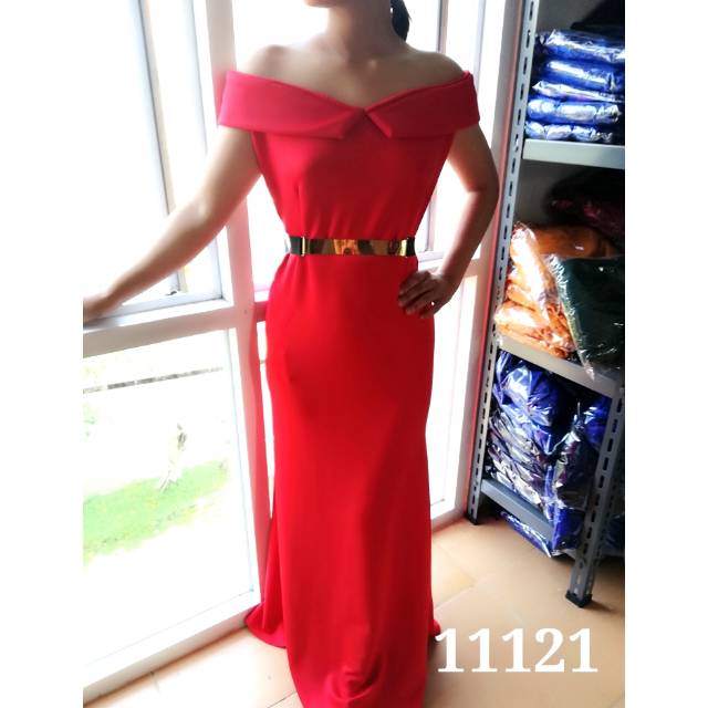 long Dress pesta merah dress maroon + Sabuk simple long dress party sexy sabrina