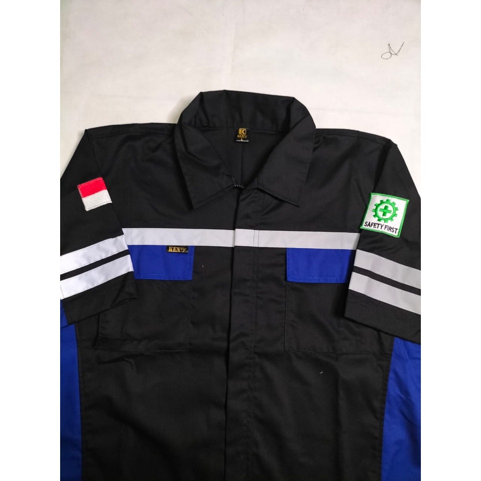 Baju Safety Wearpack Lengan Pendek | Kemeja Proyek Atasan Biru Benhur Hitam