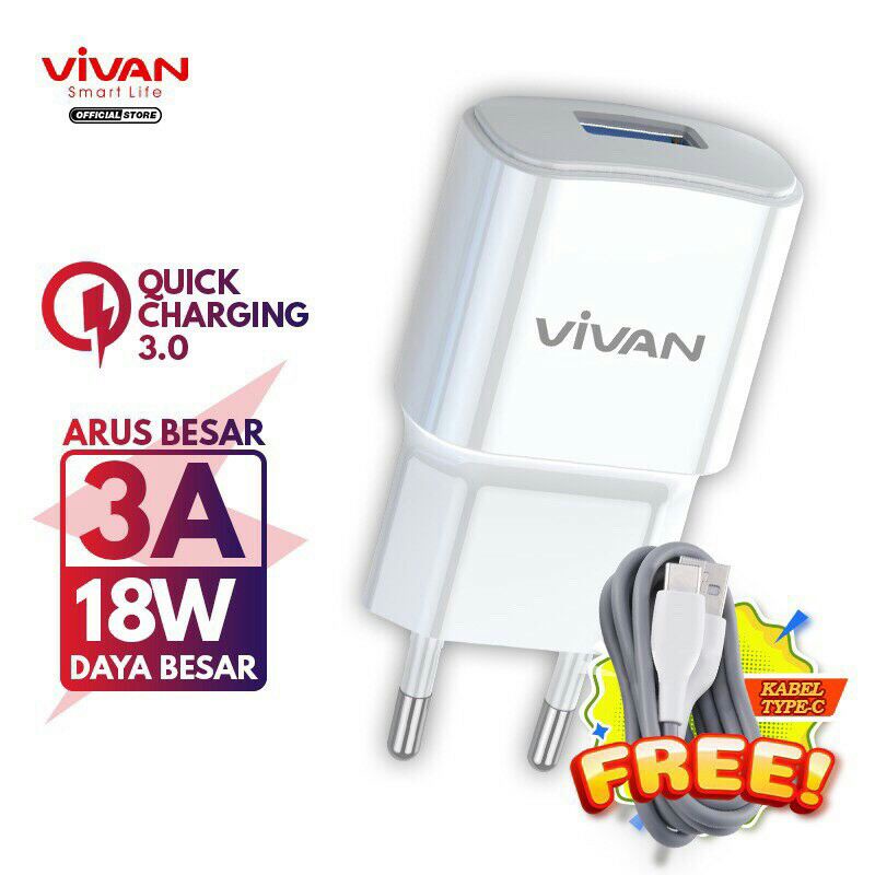 Charger VIVAN POWER OVAL 3.0 18Watt Plus Kabel Type C Quick Charging