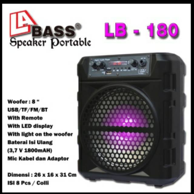 Speaker Portable 8 inch Bluetooth LABASS LB-180, Bonus Mic