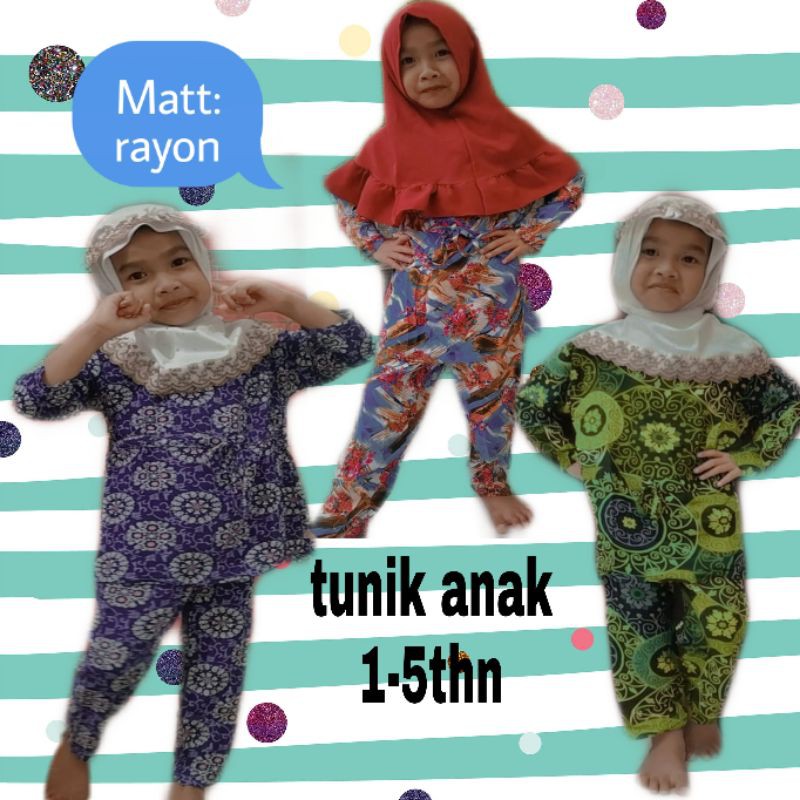 Tunik anak one set Piyama setelan baju tidur perempuan bahan rayon