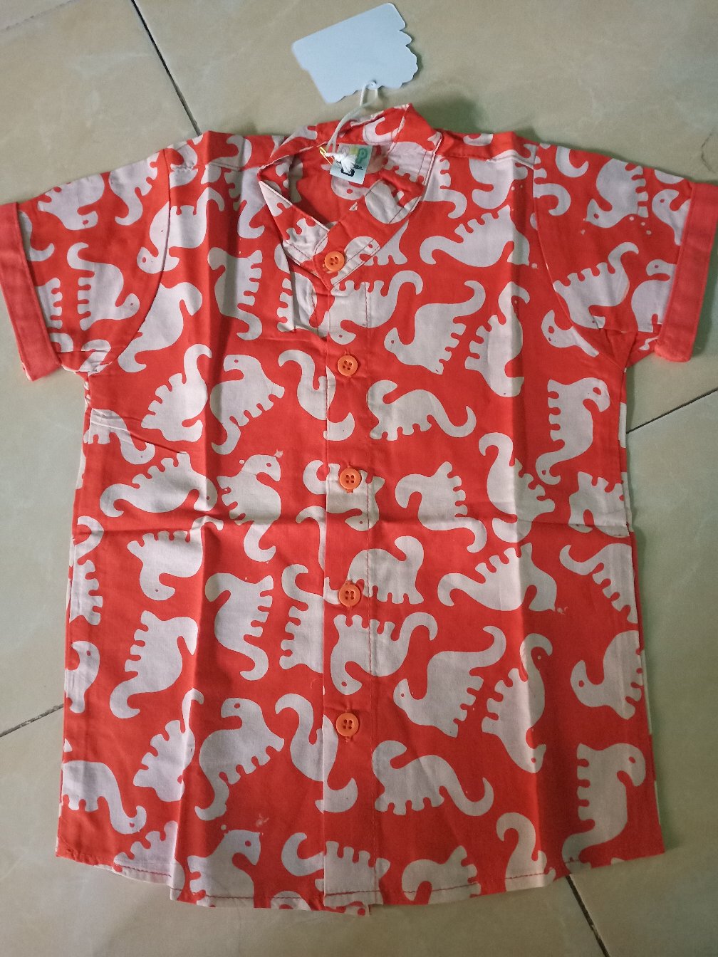 Pop Kidswear   Dino Batik Orange - Kemeja Anak Batik Gambar Dinosaurus