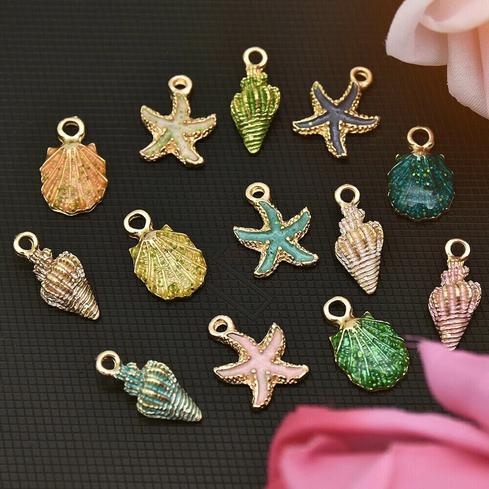 13pcs Liontin Bentuk Bintang Laut / Keong / Kerang Campur Handmade DIY Untuk Gelang / Kalung