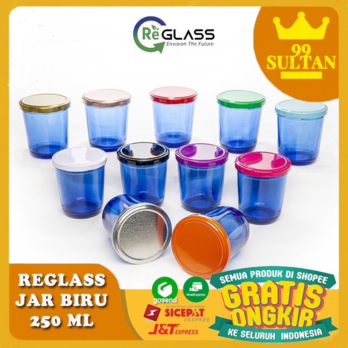 (GROSIR) TOPLES KACA KECIL BIRU 250ml Toples Beling Sambal Bumbu Selai