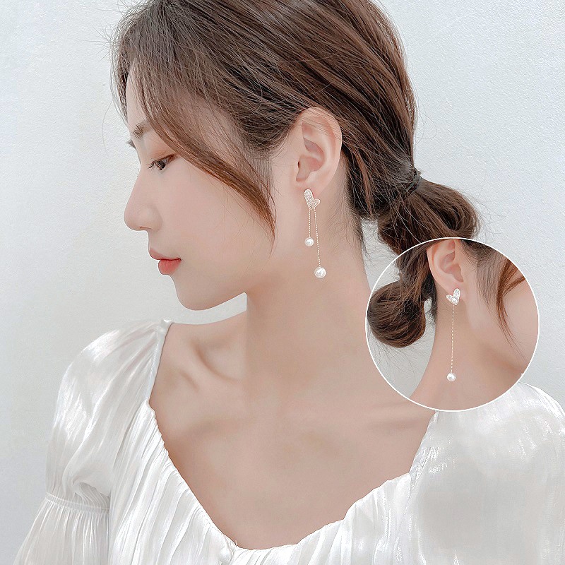 Anting Tusuk Gantung Bahan Sterling Silver 925 Desain Hatirumbaimutiaraberlian Gaya Korea Untuk Wanita