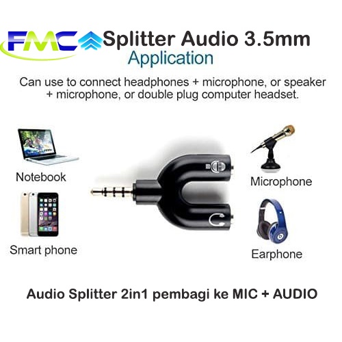 Splitter Audio 2 in 1 Bentuk U Mic &amp; Audio Jack 3,5mm Male to Dual Female For Microphone Headphone Handphone Komputer Speaker Laptop PC