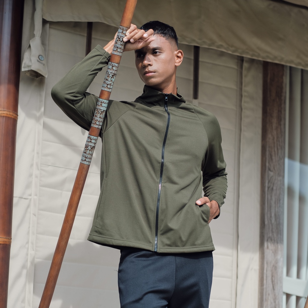 DONSON Sportswear Jacket atau Jersey Olahraga dan Kasual dengan Zipper Sleting Panjang dan Kantong Warna Army