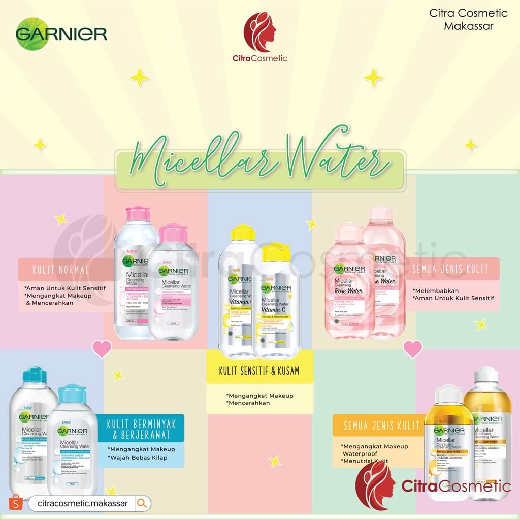 Garnier Clean Micellar Water Water Pink | Blue Biru | Bi-phase Oil | Vit C Kuning | Rose Water 125 Ml