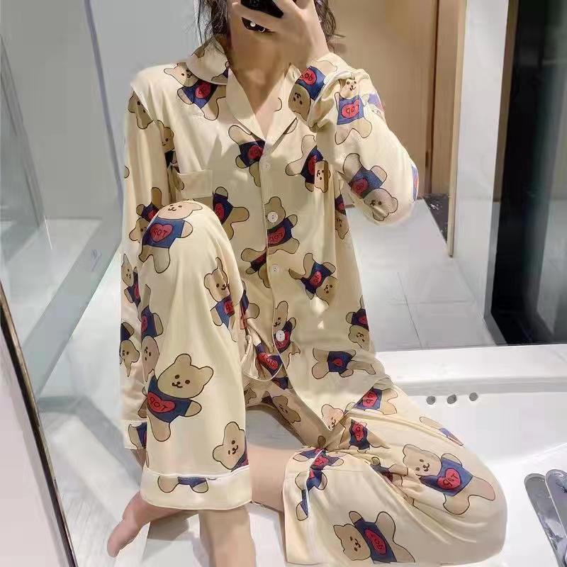 Piyama pp wanita | baju tidur lengan panjang wanita import spandek krah kancing-PpK BEAR PIQUE CREAM