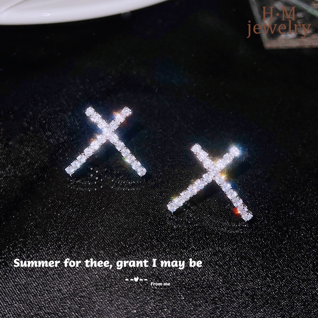 Anting Tusuk Sterling Silver Bentuk X Silang Hias Berlian Imitasi Untuk Wanita