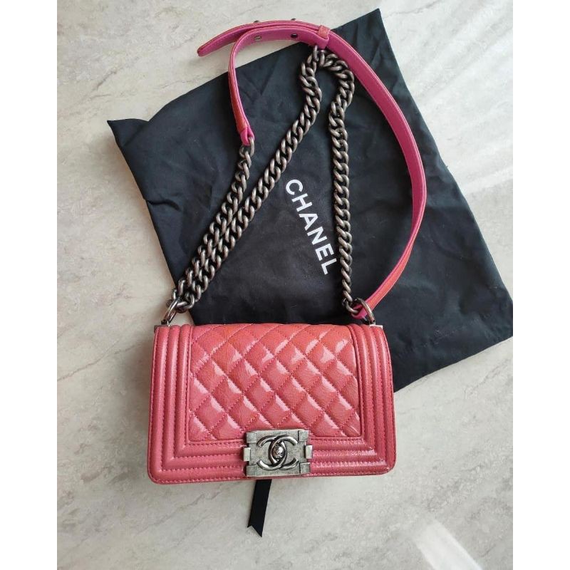 Prelove Chanel Boy Patent Leather Authentic SHW Pink&Fuschia Seri19 small Lengkap Nan Mulus