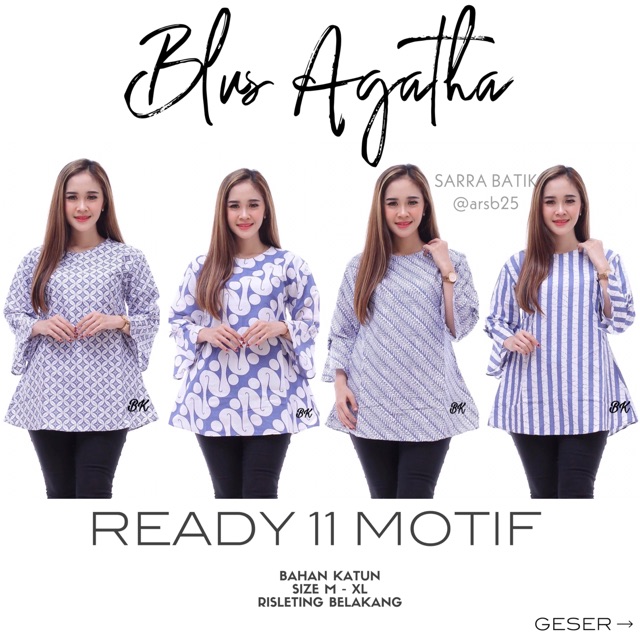 Blus Agatha Batik Blouse Sheena Blus Lonceng Lawasan Biru Cantik Kerja Seragam Batik Muslim