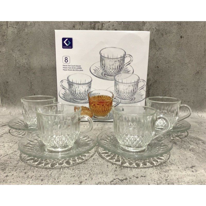 gelas kaca beling dan tatakan 1 set isi 8 pcs gelas pisin set teh kopi kimglas gelas