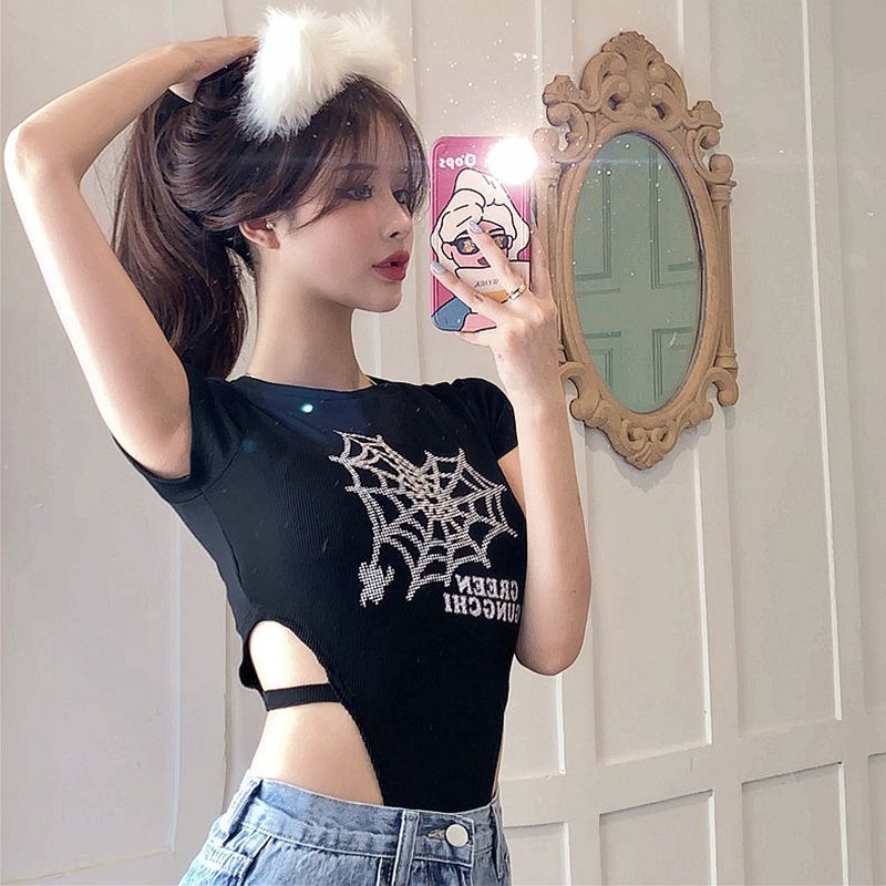 Jumpsuit Wanita Musim Panas Mengurangi Usia T-shirt Selangkangan Berongga Pinggang Terbuka Atasan Ke