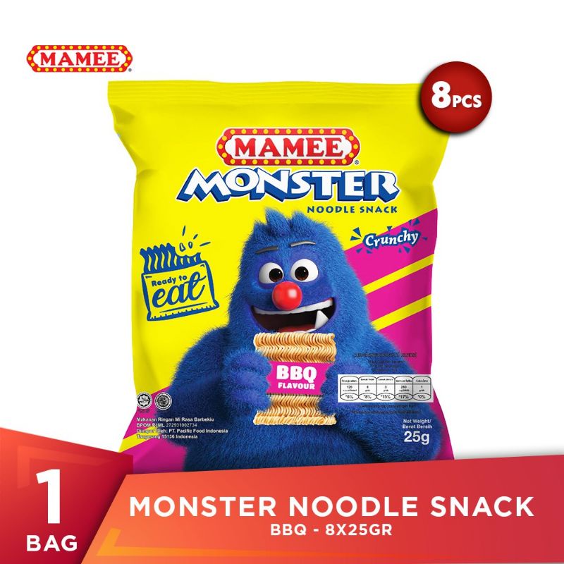 

Mamee Monster Noodle Snack BBQ 200gr yang berisikan 8pcs Mamee Monster Noodle Snack BBQ 25gr