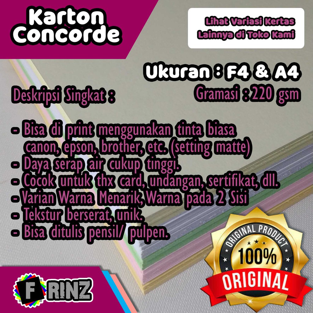 

Karton Concorde F4 A4 220 Gram / Konkort / Concord Serat Searah High Quality 220 Gsm