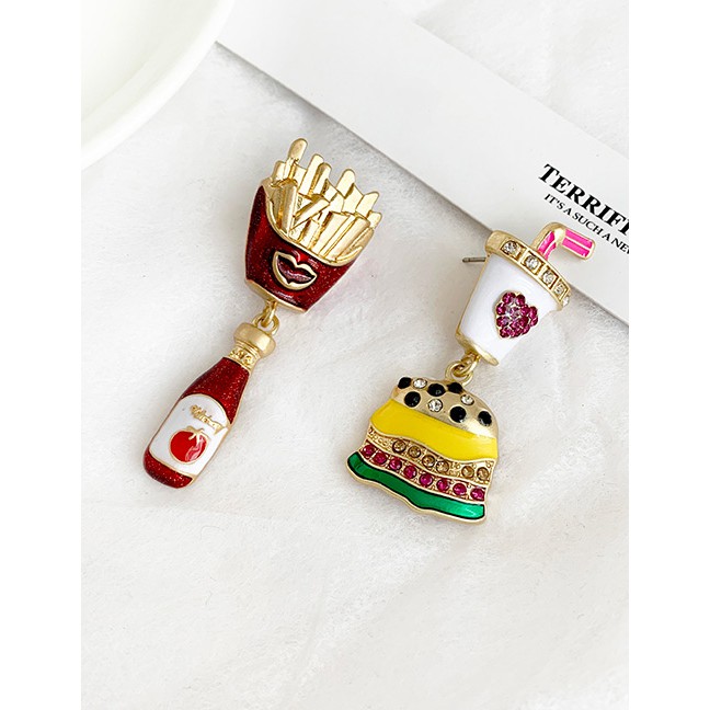 LRC Anting Tusuk Fashion Color Alloy Rhinestone Burger Fries Cola Asymmetric Earrings D45510