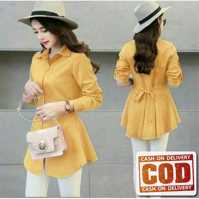 Kemeja Hem Wanita Cewek Lengan Panjang Polos Jumbo Polos Atasan P LM503  Mustard Hunny