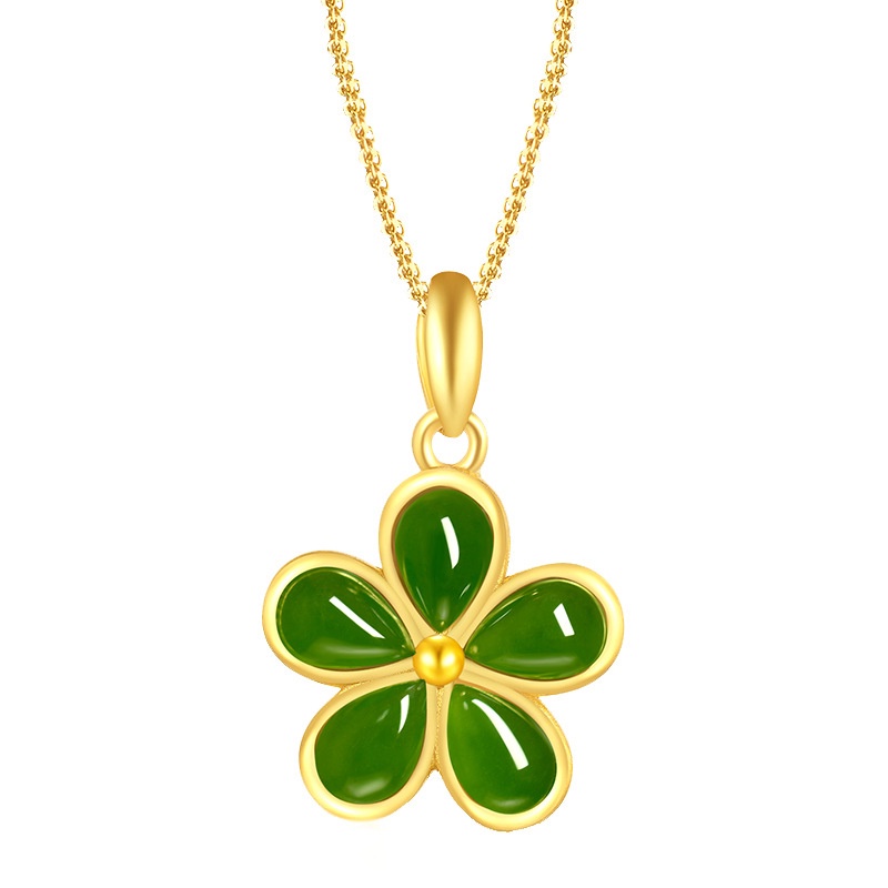 [Ready Stock]Fashion Plated Gold Inlaid with Jade Parthenocissus Grass Pendant Flower Necklace