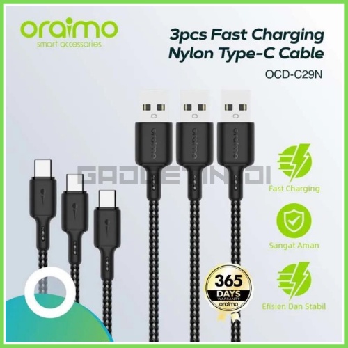 ORAIMO CABLE DATA  USB TYPE C FASH CHARGING OCD -C29N & M29N Black - Gadgetin.id1
