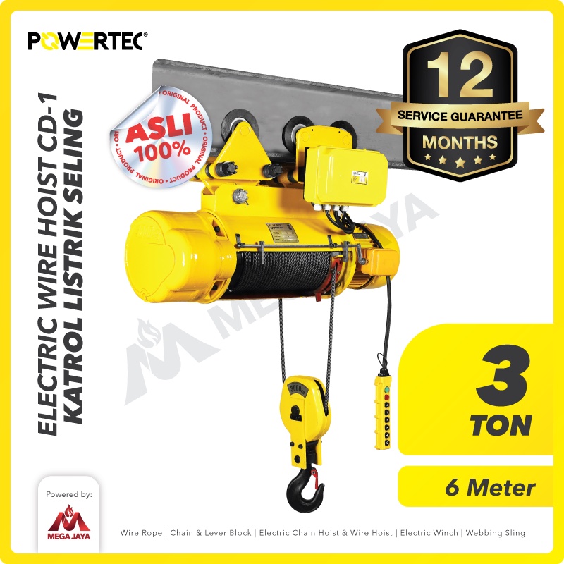 Jual POWERTEC Electric Wire Rope Hoist 3 Ton X 6 Meter 3 Phase CD-1 ...