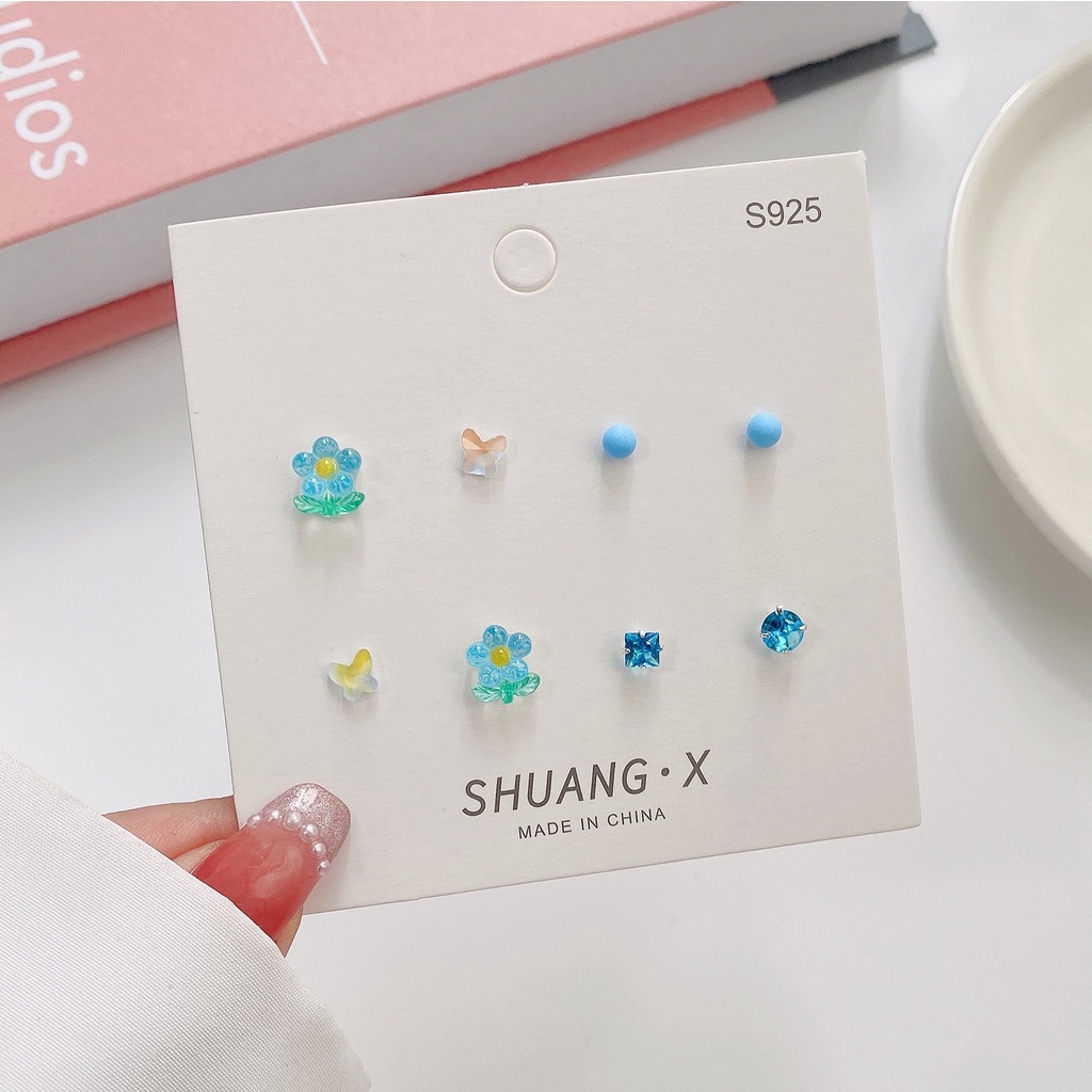 Set Anting Stud S925 Silver Bentuk Bunga Tulip Butterfly Bulat Geometri Aksen Kristal Untuk Wanita