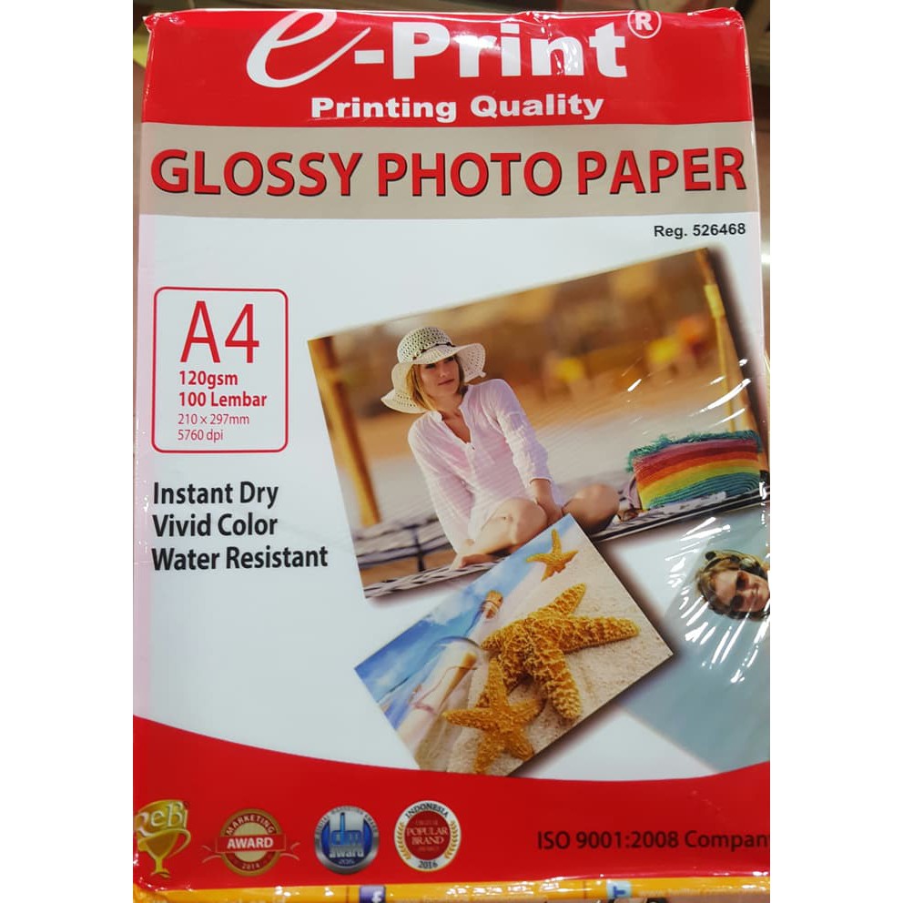 

E-PRINT GLOSSY PHOTO PAPER A4 120GSM 100 LEMBAR 120GR KERTAS PRINTER MURAH MERIAH
